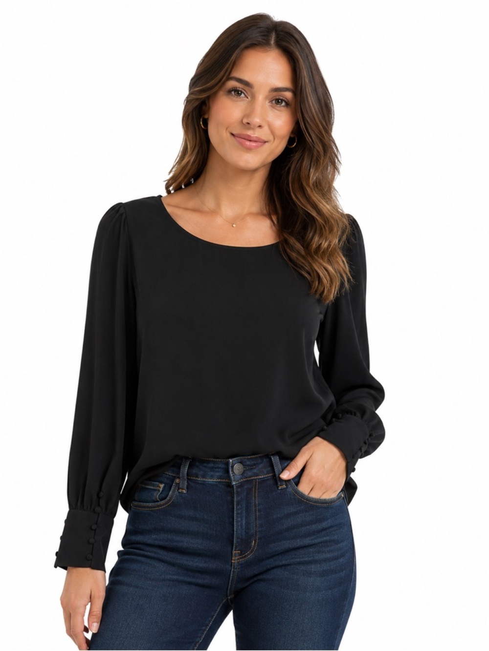 Express Womens Black Sheer Blouse Size Med Long Sleeve Round Neck Career NWT